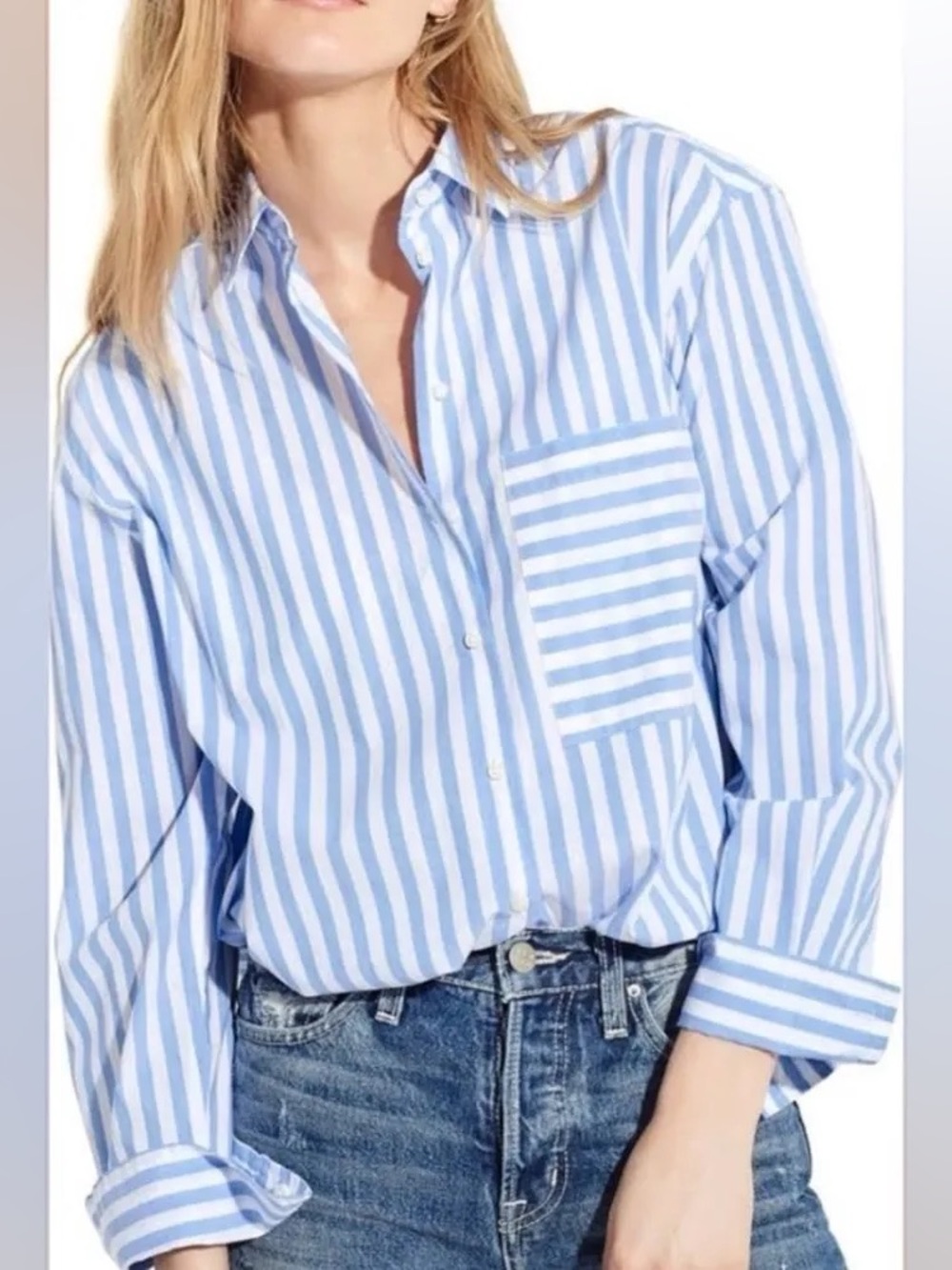 AYR The Deep End Button Down Shirt Light Blue and White Stripes Size S